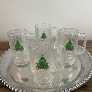 Indiana Glass Crystal Ice Tree Bark Coffee Beer Mug Christmas Tree Set Of  4
